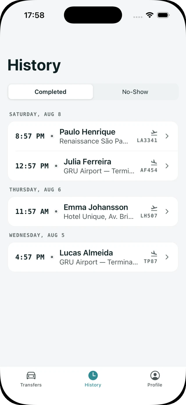 DriverApp history of completed transfers