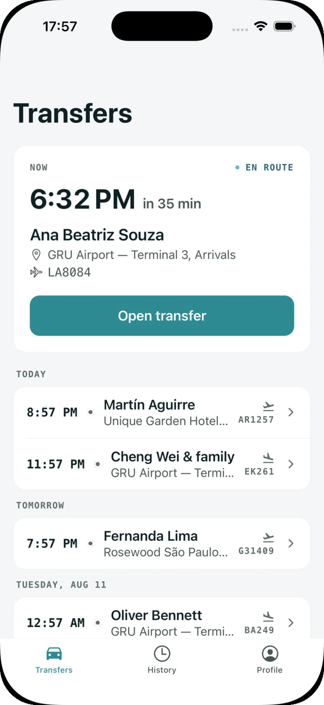 DriverApp transfers screen listing today's and tomorrow's pickups